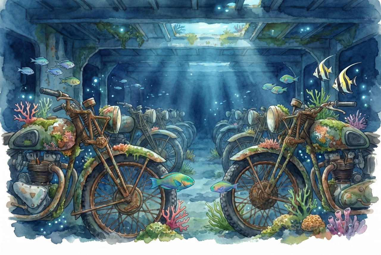 Ilustración del pecio SS Thistlegorm en el Mar Rojo, libro infantil Azul Profundo