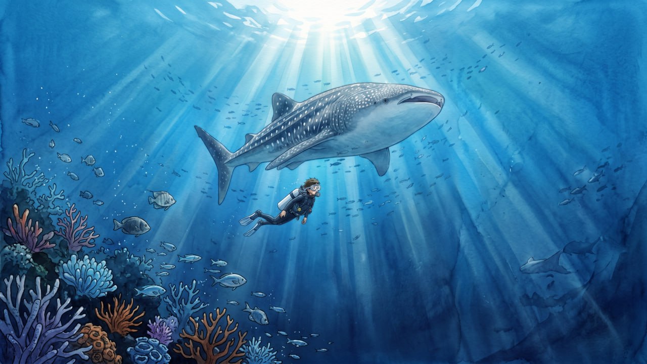 Ilustración de tiburón ballena de Holbox del libro infantil Azul Profundo