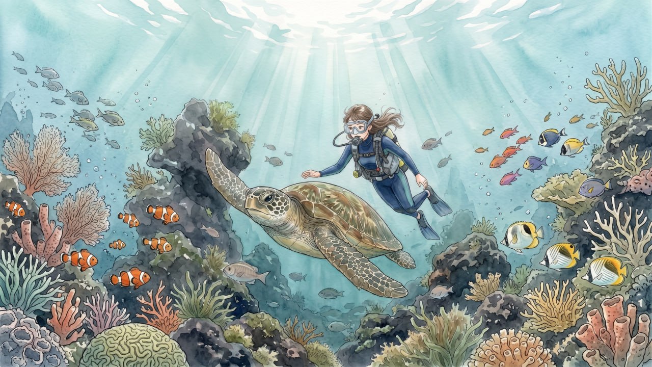 Ilustración de una tortuga en Tenerife, libro infantil Azul Profundo