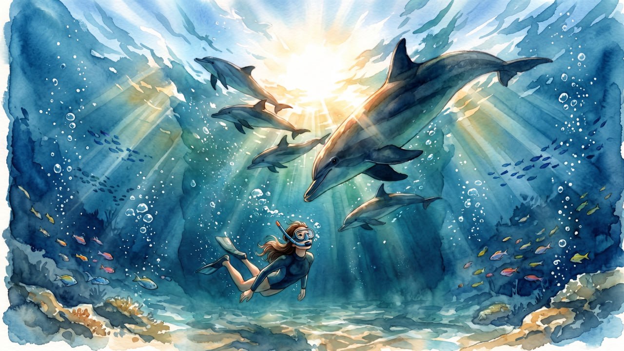 Ilustración de delfines giradores en el Mar Rojo, libro infantil Azul Profundo